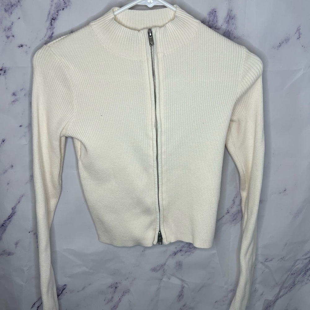 Brandy Melville Double zipper Cream Ribbed Sweater SZ OS